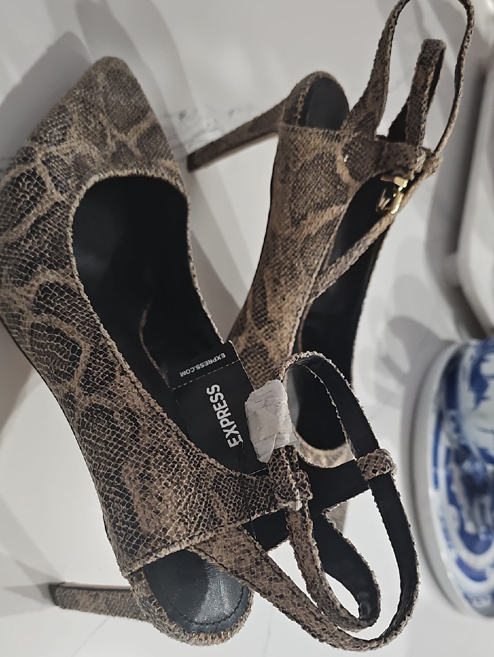 Express Snake-Print Brown Pointed Toe Slingback Heels